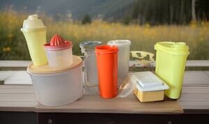 Vtg Tupperware 8pc Lot Shaker Gravy Canister Butter Dish Juicer Yellow Orange